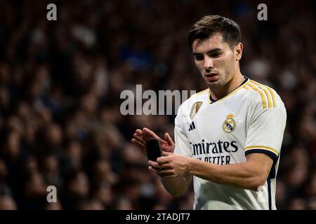 Milan, Italie. 29 novembre 2023. Brahim Diaz du Real Madrid CF fait des gestes lors du match de football Serie A entre le Real Madrid CF et la SSC Napoli. Crédit : Nicolò Campo/Alamy Live News Banque D'Images