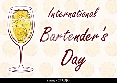 Bannière de la Journée internationale des barmans. 6 février. Modèle pour arrière-plan, carte, affiche. Illustration vectorielle. Cocktail Hugo Spritz avec tranche de citron vert et Illustration de Vecteur