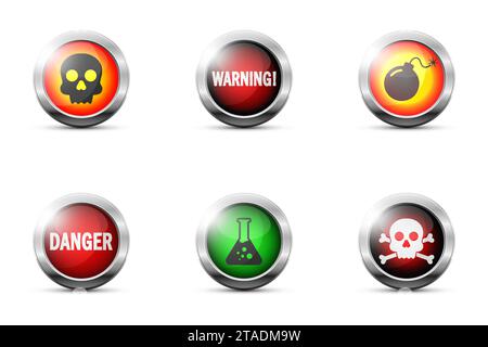 Ensemble de boutons brillants de couleur avec des signes de danger. Icône crâne. Signe de bombe. Symbole Crossbone. Illustration vectorielle plate Illustration de Vecteur