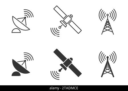 Ensemble de technologie satellite sans fil. Icônes d'antenne, de satellite et d'antenne parabolique. Illustration vectorielle Illustration de Vecteur