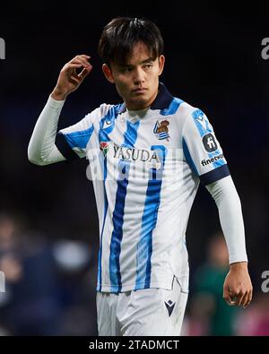 Takefusa Kubo de Real Sociedad réagit lors du match de l'UEFA Champions League entre Real Sociedad et RB Salzburg à l'Estadio Reale Arena en novembre Banque D'Images