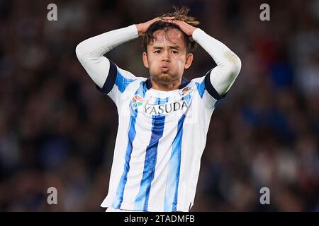 Takefusa Kubo de Real Sociedad réagit lors du match de l'UEFA Champions League entre Real Sociedad et RB Salzburg à l'Estadio Reale Arena en novembre Banque D'Images