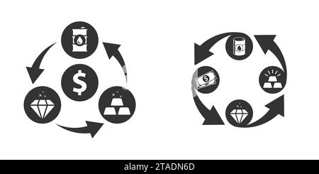 Icône Exchange. Icône dollar, or, huile et diamant avec des flèches. Concept de transfert financier global. Illustration vectorielle plate. Illustration de Vecteur