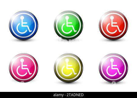 Icône de symbole de fauteuil roulant handicapé définie. Boutons brillants avec ombres. Illustration vectorielle plate Illustration de Vecteur