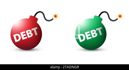 Bombe de dette dans les couleurs rouge et vert. Concept de crise monétaire. Illustration vectorielle plate. Illustration de Vecteur