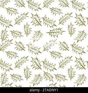 Motif doré sans couture avec branches feuilles de houx dorées. Branche d'arbre dessiné à la main pour le papier d'emballage, décoration de vacances d'hiver, vert et or. Christ Illustration de Vecteur