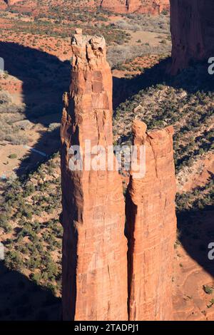 Spider Rock depuis Spider Rock Overlook, Canyon de Chelly National Monument, Arizona Banque D'Images