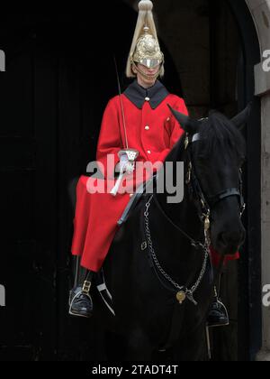 Soldat sauveteur revêtu de rouge avec cheval noir en service de garde à l'entrée de Horseguards Parade, Whitehall, Londres, Angleterre. Banque D'Images