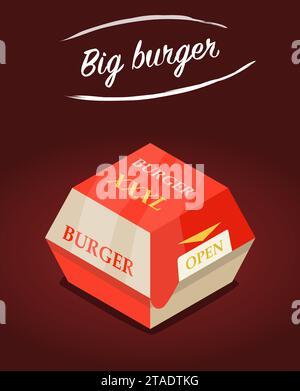 Boîte pour Burger To Go. Pour un restaurant ou un établissement de restauration rapide, livraison. Boîte pour emballage de hamburgers. Fabriqué dans des couleurs rouge et blanc sur un rouge foncé Illustration de Vecteur