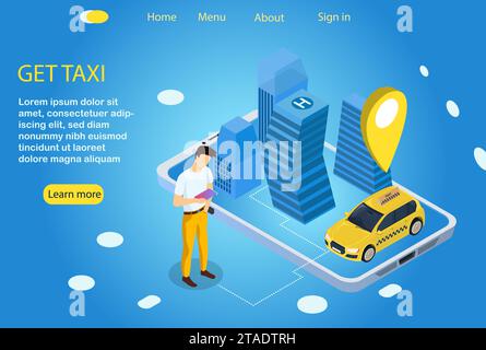 Voiture de taxi commandée à partir du téléphone. Un homme a trouvé son taxi en ville. Illustration de style isométrique vectoriel. Un service de taxi en ligne moderne et pratique Illustration de Vecteur