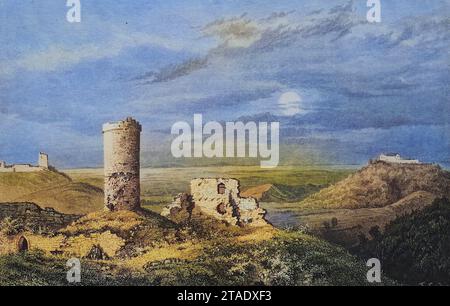 Die drei Gleichen, ein mittelalterliches Burgenensemble, (v. l. n. r.:) Wachsenburg, Burg Gleichen, Mühlburg, Thüringen, Deutschland, um 1885, Historisch, digital restaurierte Reproduktion von einer Vorlage aus dem 19. Jahrhundert / les trois Gleichen, un ensemble de châteaux médiévaux, (de gauche à droite :) Wachsenburg, Burg Gleichen, Mühlburg, Thuringe, Allemagne, c. 1885, reproduction historique, restaurée numériquement à partir d'un original du 19e siècle Banque D'Images