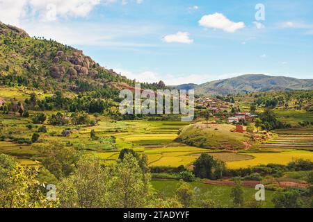 Paysage typique de Madagascar dans la région près de Tsiafahy, de petites collines couvertes d'herbe verte et de buissons, des maisons en argile rouge et des champs de riz près. Banque D'Images