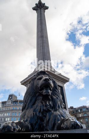 Londres, Royaume-Uni. 28 novembre 2023. Une des majestueuses sculptures de lions. Le temps froid n'éloigne pas les visiteurs de Trafalgar Square et de la National Gallery de Londres. Crédit : Maureen McLean/Alamy Banque D'Images