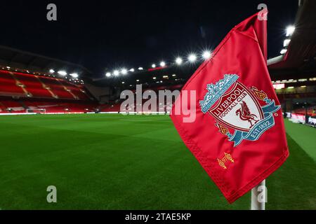 Liverpool, Royaume-Uni. 30 novembre 2023. Vue d'ensemble d'Anfield, domicile de Liverpool avant le match de l'UEFA Europa League Liverpool vs LASK à Anfield, Liverpool, Royaume-Uni, le 30 novembre 2023 (photo de Mark Cosgrove/News Images) à Liverpool, Royaume-Uni le 11/30/2023. (Photo de Mark Cosgrove/News Images/Sipa USA) crédit : SIPA USA/Alamy Live News Banque D'Images