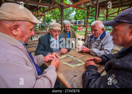 Albanie, province de Korce, Pogradec, lakeresort sur les rives du lac Orhid, jeu de dominos dans le Enkelana Luna Park Banque D'Images