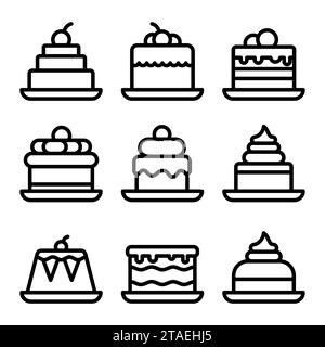 Jeu d'icônes de ligne noire de dessert de gâteau. Signez le kit de nourriture sucrée. Symbole noir délicieux simple. Gâteaux d'anniversaire sucrés, cupcake Bakery isolé sur blanc. Illustration de Vecteur