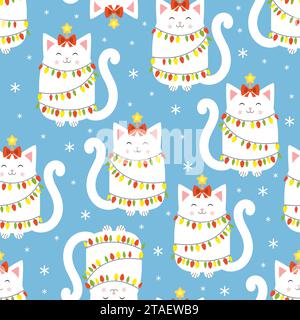 motif amless avec des chats blancs et des guirlandes sur un fond bleu. Pour la conception de cartes de Noël et du nouvel an, arrière-plans, papier peint, tissu, enveloppe Illustration de Vecteur