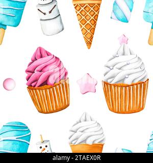 Motif sans couture avec cupcake rose et crème blanche, crèmes glacées. Dessert sucré d'été, popsicle, muffin, cornet de crème glacée et bonhomme de neige guimauve Banque D'Images