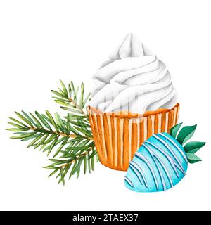 Cupcake à la crème blanche et fraise avec glaçage chocolat bleu sur fond de branches de sapin. Illustration aquarelle d'hiver d'un dessert d'hiver Banque D'Images