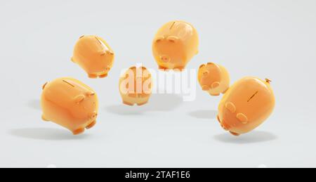 Six cochons en céramique jaune en forme de boîtes d'argent pour les pièces de monnaie sur fond Studio blanc doux. Vue en perspective. Concept minimal. Rendu 3D. Banque D'Images