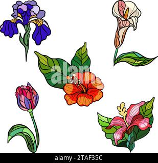 Ensemble de fleurs en vitrail. Illustration vectorielle Illustration de Vecteur