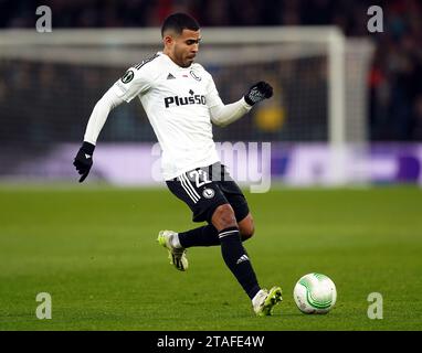 Juergen Elitim de Legia Warsaw lors du match du groupe E de l'UEFA Europa Conference League à Villa Park, Birmingham. Date de la photo : jeudi 30 novembre 2023. Banque D'Images