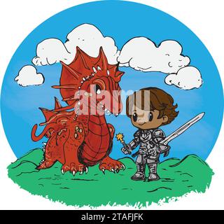 Garçon chevalier en armure de plaque tenant un écusson et mace se promenant à côté d'un dragon rouge, illustration vectorielle Illustration de Vecteur