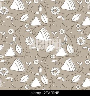 Motif floral ethnique et oiseau dessin dans un style linéaire sur fond beige Illustration de Vecteur