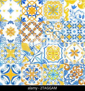 Motif majolica aquarelle sans couture. Décoration sicilienne dessinée à la main. Carreaux de céramique traditionnels bleu et jaune. Modèle azulejo traditionnel portugais. Banque D'Images