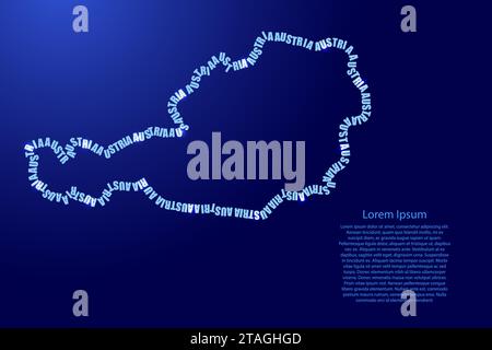 Autriche carte pays le long du contour des mots bleus anglais récurrents nom de l'état et étoiles de l'espace incandescent Illustration de Vecteur