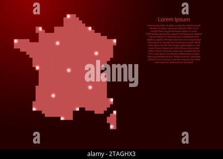 Silhouette de la carte de France à partir de pixels carrés rouges et d'étoiles brillantes. Illustration vectorielle. Illustration de Vecteur