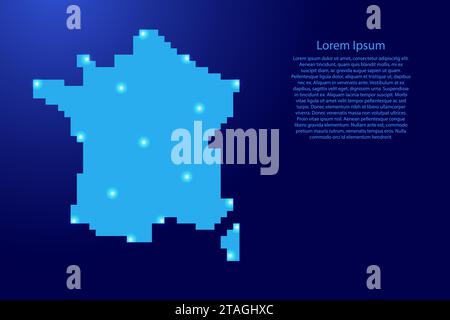 Silhouette de la carte de France à partir de pixels carrés bleus et d'étoiles brillantes. Illustration vectorielle. Illustration de Vecteur
