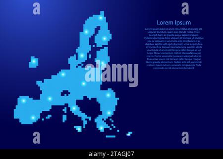 Silhouette de la carte de l'Union européenne à partir de pixels carrés bleus et d'étoiles brillantes. Illustration vectorielle. Illustration de Vecteur