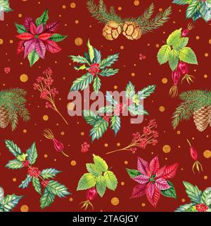 Motif sans couture aquarelle de Noël. Nouvel an plantes traditionnelles et étincelles fond sans fin. Toile de fond festive poinsettia et branches de sapin. Rouge Banque D'Images