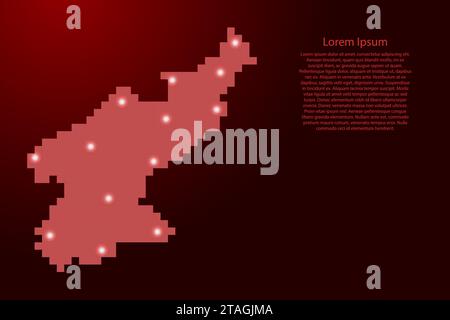 Silhouette de la carte de la Corée du Nord à partir de pixels carrés rouges et d'étoiles brillantes. Illustration vectorielle. Illustration de Vecteur
