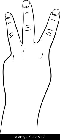 Main avec trois doigts levés dessinez à partir du contour des lignes de pinceau noir d'épaisseur différente sur fond blanc. Illustration vectorielle. Illustration de Vecteur