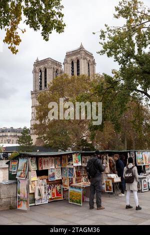 Librairies d'occasion sur le remblai de Seine et notre-Dame de Paris, Paris, France. Banque D'Images