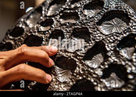 (231201) -- CHONGQING, 1 déc. 2023 (Xinhua) -- Guan Yongshuang présente une œuvre d'art en poterie dans son atelier du district de Rongchang à Chongqing, dans le sud-ouest de la Chine, le 14 novembre 2023. Liang Xiancai, 73 ans, est un héritier de l'artisanat de poterie de Rongchang, un patrimoine culturel immatériel en Chine. Malgré la tendance à la mécanisation, à l'automatisation et à la production de poterie à grande échelle, il maintient fermement la tradition de la poterie manuelle. Guan Yongshuang, 32 ans, est diplômé de l'Institut des Beaux-Arts du Sichuan avec une majeure en art potier Il étudie la culture de la poterie depuis près de dix ans. Guan Banque D'Images