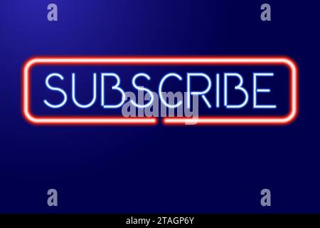 Bouton s'abonner à partir de lignes lumineuses de luminescence de néon bleu et rouge, chaîne de blogueur. Blogs, streaming. Concept de médias sociaux. Illustration de Vecteur