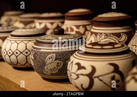 (231201) -- CHONGQING, 1 décembre 2023 (Xinhua) -- cette photo prise le 14 novembre 2023 montre des œuvres de poterie exposées dans l'atelier de Liang Xiancai dans le district de Rongchang à Chongqing, dans le sud-ouest de la Chine. Liang Xiancai, 73 ans, est un héritier de l'artisanat de poterie de Rongchang, un patrimoine culturel immatériel en Chine. Malgré la tendance à la mécanisation, à l'automatisation et à la production de poterie à grande échelle, il maintient fermement la tradition de la poterie manuelle. Guan Yongshuang, 32 ans, est diplômé de l'Institut des Beaux-Arts du Sichuan avec une majeure en art potier Il a étudié la culture de la poterie pour n Banque D'Images