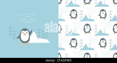 Carte d'ensemble de pingouin dessinée à la main et motif sans couture. Fond mignon avec des pingouins dansants et iceberg. Carte bébé avec oiseau arctique. Imprimé de caractères drôle Illustration de Vecteur