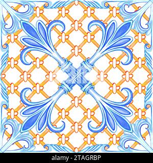 Motif majolica aquarelle sans couture. Décoration sicilienne dessinée à la main. Carreaux de céramique traditionnels bleu et jaune. Modèle azulejo traditionnel portugais. Banque D'Images