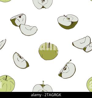 Modèle sans couture de croquis dessinés à la main avec des pommes. Illustrations avec fruits entiers et coupés. Banque D'Images