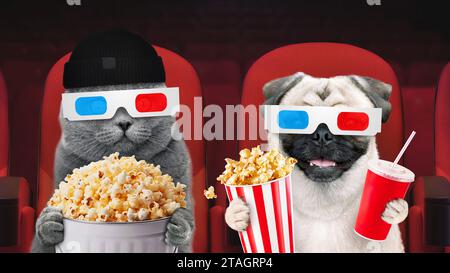 Deux amis drôles animaux chat et chien avec des lunettes 3d sont assis dans le cinéma et regarder un film. Regarder des films ensemble. Détendez-vous dans le temps. Indus de film Banque D'Images