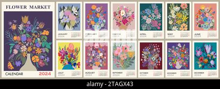Modèle d'art vectoriel de calendrier floral pour 2024. Illustration de Vecteur
