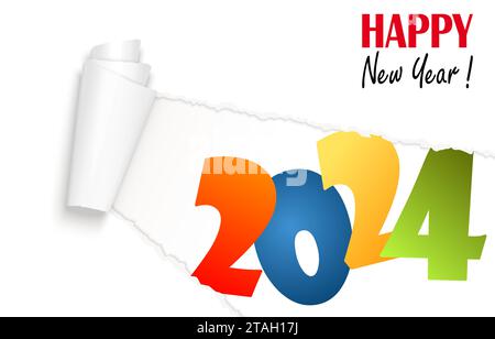 Papier blanc ouvert déchiré montrant 2024 et le texte Happy New Year Illustration de Vecteur