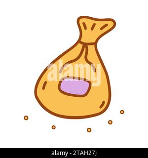 Sac jaune en tissu pour stocker des herbes, des épices ou des choses, attaché avec du fil et avec étiquette. Vecteur coloré isolé illustration dessinée à la main doodle avec c Illustration de Vecteur