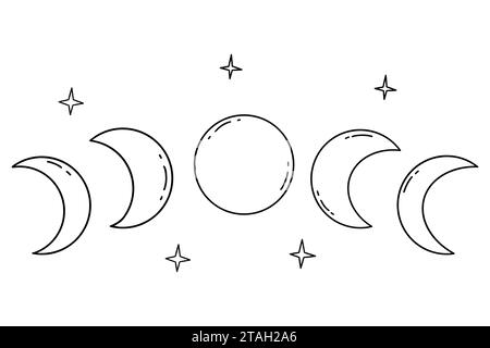 Phases de la lune, de la lune cireuse, la pleine lune à la lune décroissante. Dessin à la main de l'illustration isolée en noir et blanc. Cycle astrologique de Illustration de Vecteur