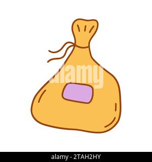 Sac jaune en tissu pour stocker des herbes, des épices ou des choses, attaché avec du fil et avec étiquette. Vecteur coloré isolé illustration dessinée à la main doodle avec c Illustration de Vecteur