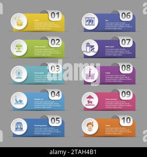 Infographie avec icônes thématiques Amusment Park, 10 étapes. Tels que la mise au point, le carrousel de chaîne, la grande roue, la voiture pare-chocs et plus encore. Illustration de Vecteur